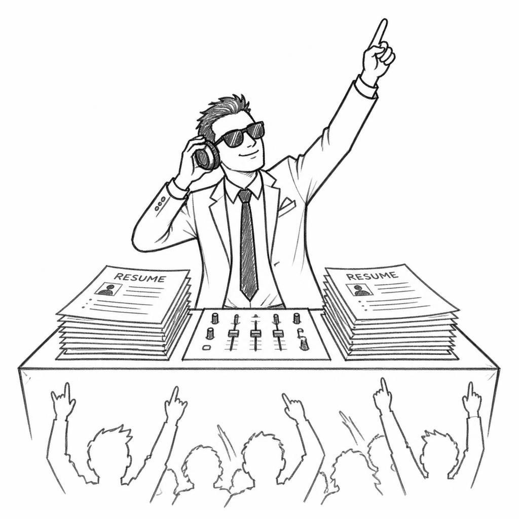 Resume Hypeman — a suited hypeman DJ-ing stacks of resumes for a cheering crowd